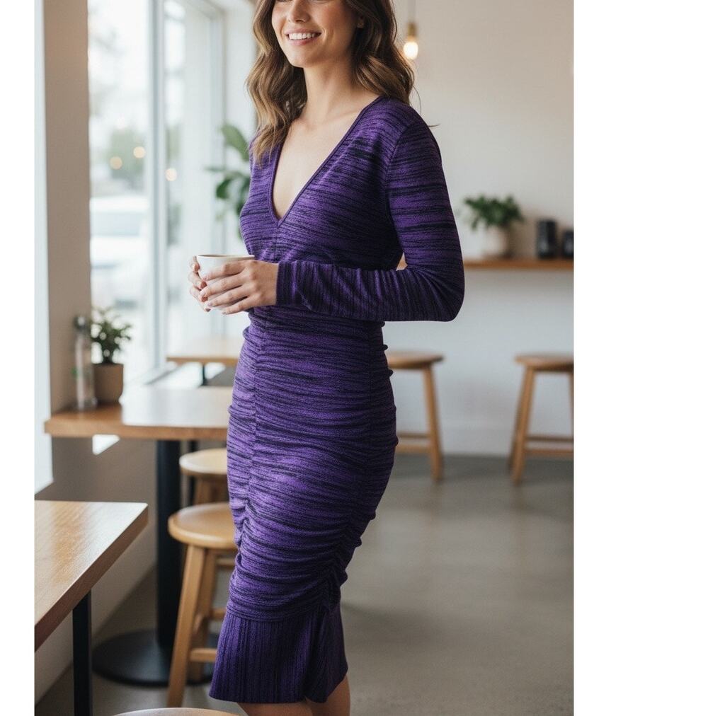 Parker Purple Galaxy Knit Bodycon Dress XL Work Long Sleeve Ruched Designer $358